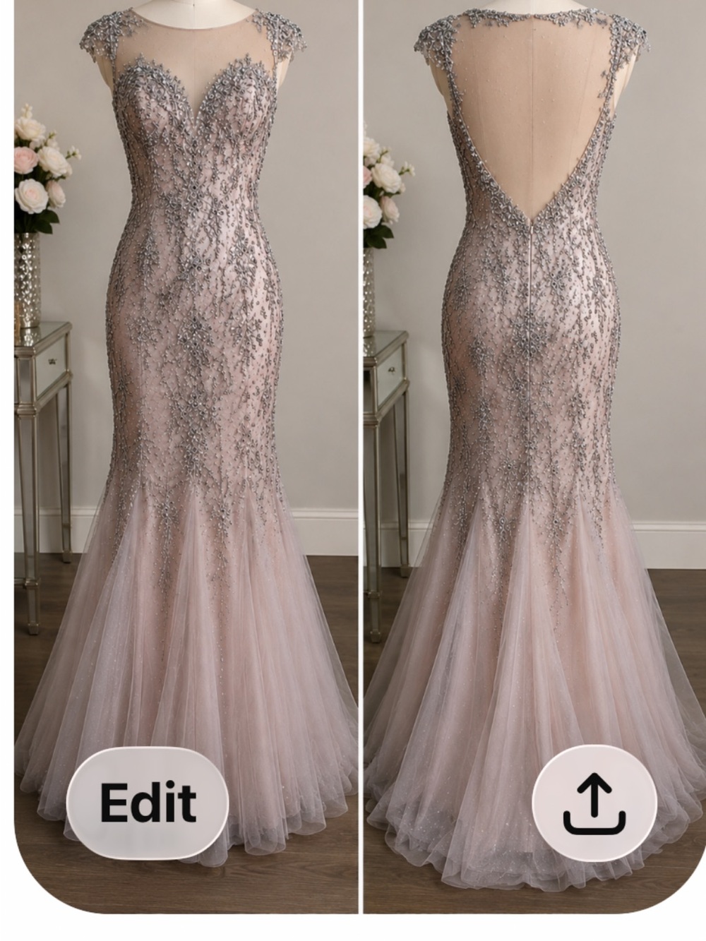 Terani Couture Blush and Silver Beaded Illusion Mermaid Gown with a V-shape back